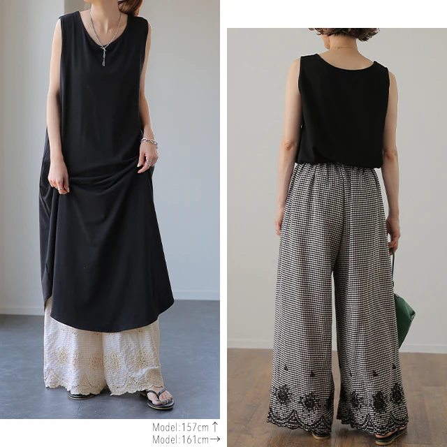裾パンツ 「チェック 好きな大人達へ」 ペチパンツ パンツ ズボン レディース ペチコート ボトムス インナーゆったり レイヤード 重ね着 ギンガムチェック ロング 体型カバー ゴム ワイド 黒 涼しい ブラック 大きいサイズ 春 夏 ワイドパンツ HUG.U メール便 - Image 17