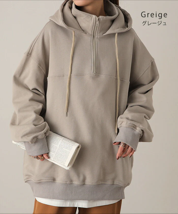 【江口のりこさん着用】 パーカー 小顔×ハーフジップ トップス オーバーサイズ アウター レディース ロング お尻が隠れる トレーナー スウェット スエット フーディー ドロップショルダー ビッグ ドルマン 大きいサイズ ブラック 緑 黒 春 夏 HUG.U - Image 15