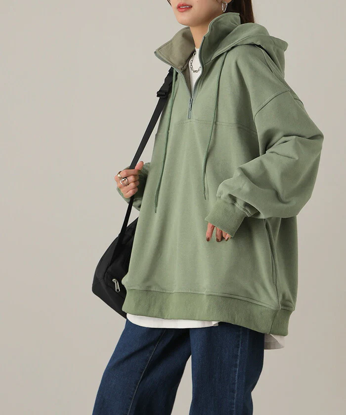 【江口のりこさん着用】 パーカー 小顔×ハーフジップ トップス オーバーサイズ アウター レディース ロング お尻が隠れる トレーナー スウェット スエット フーディー ドロップショルダー ビッグ ドルマン 大きいサイズ ブラック 緑 黒 春 夏 HUG.U - Image 17