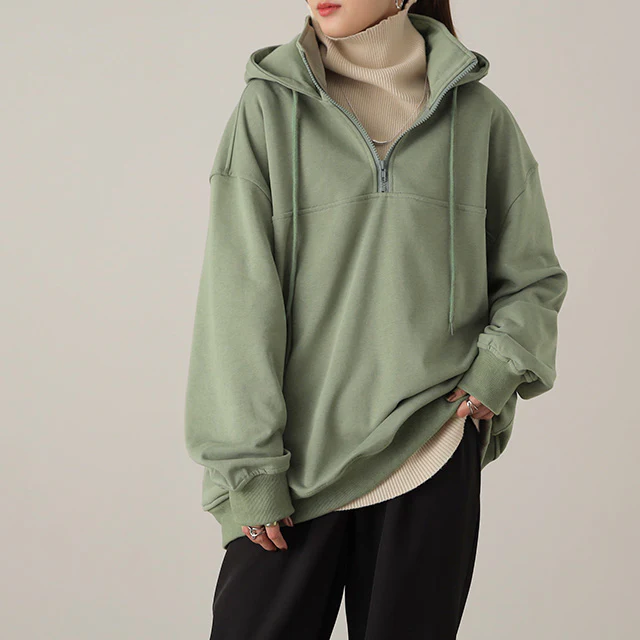 【江口のりこさん着用】 パーカー 小顔×ハーフジップ トップス オーバーサイズ アウター レディース ロング お尻が隠れる トレーナー スウェット スエット フーディー ドロップショルダー ビッグ ドルマン 大きいサイズ ブラック 緑 黒 春 夏 HUG.U - Image 26