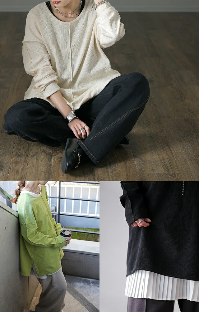 ニュアンス。柔らか「しぼ感」2way カットソー トップス レディース ロンT Tシャツ ロングTシャツ レイヤード スリット 無地 長袖 大きいサイズ リブ 丸首 Uネック 体型カバー 黒 白 緑 春 夏 楊柳 センターライン パイピング 重ね着 HUG.U メール便 - Image 16