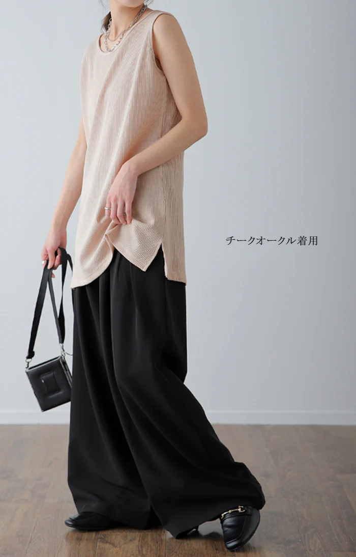 満点ゆるタンク。肌触り◎ ワッフル タンクトップ トップス ■一部7月中旬入荷 サーマル 裾 Uネック レイヤード 重ね着 袖なし シンプル レディース 無地 きれいめ ロング カットソー キャミ 黒 白 グレー 大きいサイズ 春 夏 HUG.U メール便 - Image 17