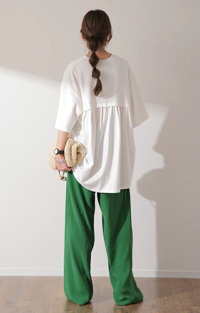 Tシャツ 「コンプレックス克服」 体型カバー ロング バックフリル トップス 二の腕カバー きれいめ レディース ティーシャツ 半袖 大きいサイズ フリル バックプリーツ プリーツ 白 お尻が隠れる 無地 春 夏 HUG.U メール便 - Image 10