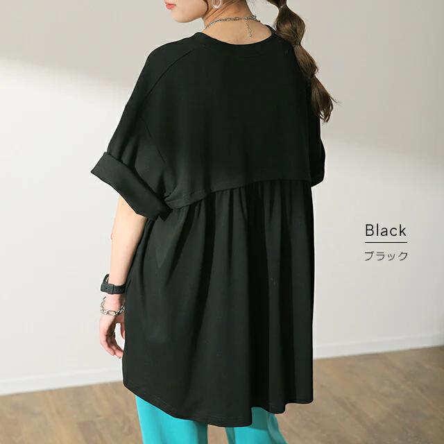 Tシャツ 「コンプレックス克服」 体型カバー ロング バックフリル トップス 二の腕カバー きれいめ レディース ティーシャツ 半袖 大きいサイズ フリル バックプリーツ プリーツ 白 お尻が隠れる 無地 春 夏 HUG.U メール便 - Image 12