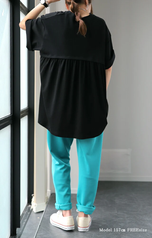 Tシャツ 「コンプレックス克服」 体型カバー ロング バックフリル トップス 二の腕カバー きれいめ レディース ティーシャツ 半袖 大きいサイズ フリル バックプリーツ プリーツ 白 お尻が隠れる 無地 春 夏 HUG.U メール便 - Image 21