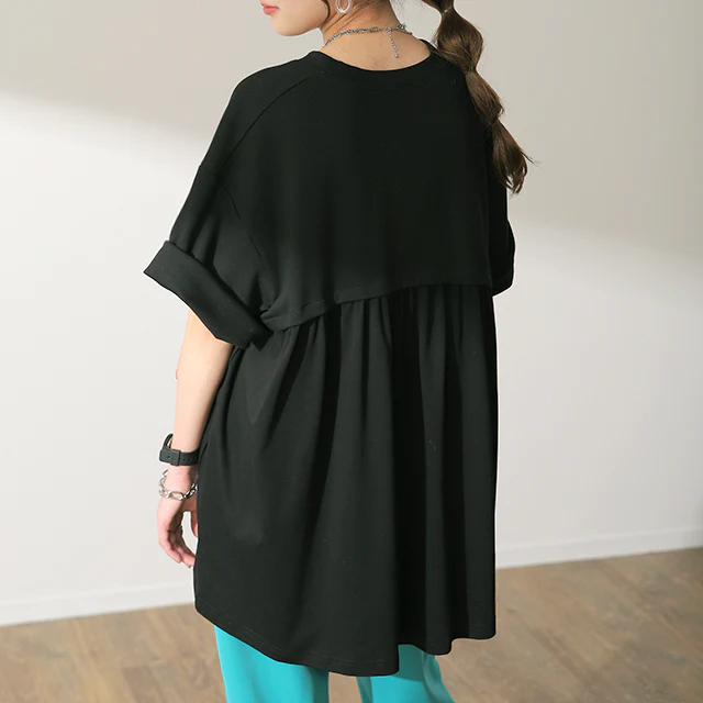 Tシャツ 「コンプレックス克服」 体型カバー ロング バックフリル トップス 二の腕カバー きれいめ レディース ティーシャツ 半袖 大きいサイズ フリル バックプリーツ プリーツ 白 お尻が隠れる 無地 春 夏 HUG.U メール便 - Image 28