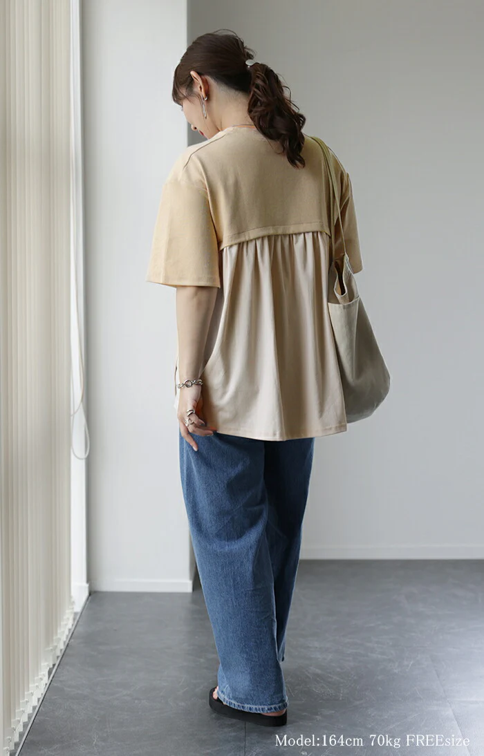 Tシャツ 「コンプレックス克服」 体型カバー ロング バックフリル トップス 二の腕カバー きれいめ レディース ティーシャツ 半袖 大きいサイズ フリル バックプリーツ プリーツ 白 お尻が隠れる 無地 春 夏 HUG.U メール便 - Image 8
