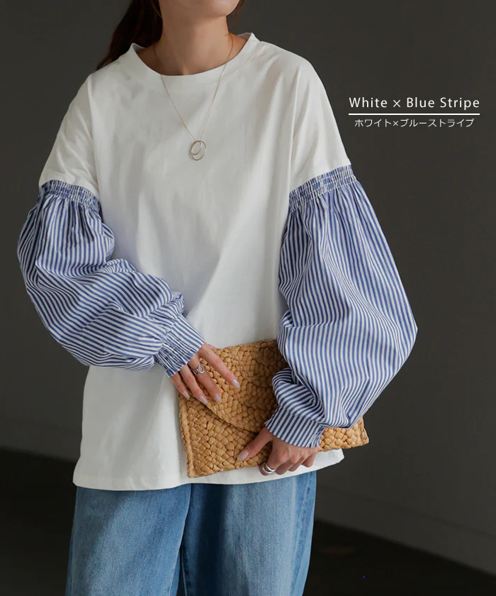 袖 ぽわん「ありそうでなかった」 カットソー ブラウス 重ね着 レイヤード ストライプ 配色 ロング Tシャツ ロンT パフスリーブ バルーンスリーブトップス レディース 体型カバー ボリューム 白 黒 シャツ 大きいサイズ 春 夏 HUG.U - Image 14