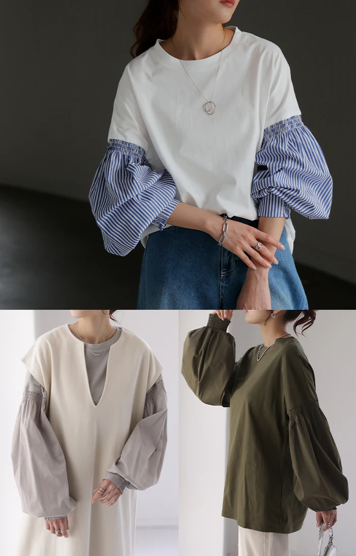 袖 ぽわん「ありそうでなかった」 カットソー ブラウス 重ね着 レイヤード ストライプ 配色 ロング Tシャツ ロンT パフスリーブ バルーンスリーブトップス レディース 体型カバー ボリューム 白 黒 シャツ 大きいサイズ 春 夏 HUG.U - Image 29