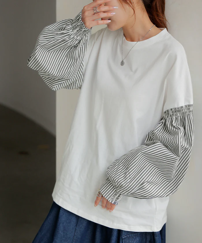 袖 ぽわん「ありそうでなかった」 カットソー ブラウス 重ね着 レイヤード ストライプ 配色 ロング Tシャツ ロンT パフスリーブ バルーンスリーブトップス レディース 体型カバー ボリューム 白 黒 シャツ 大きいサイズ 春 夏 HUG.U - Image 3
