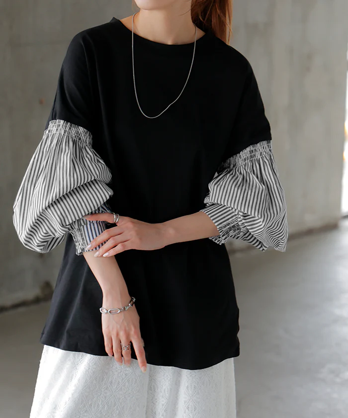 袖 ぽわん「ありそうでなかった」 カットソー ブラウス 重ね着 レイヤード ストライプ 配色 ロング Tシャツ ロンT パフスリーブ バルーンスリーブトップス レディース 体型カバー ボリューム 白 黒 シャツ 大きいサイズ 春 夏 HUG.U - Image 35