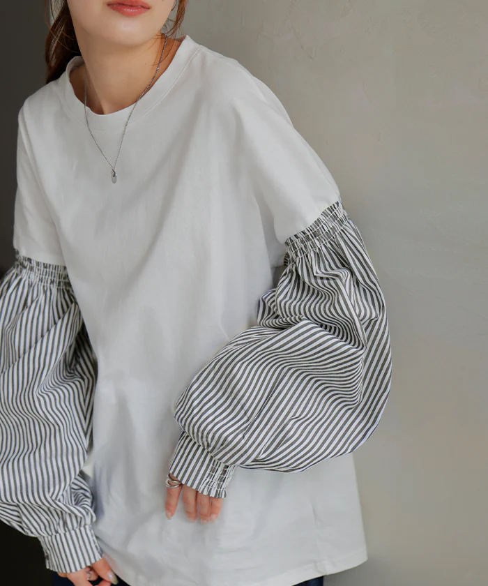 袖 ぽわん「ありそうでなかった」 カットソー ブラウス 重ね着 レイヤード ストライプ 配色 ロング Tシャツ ロンT パフスリーブ バルーンスリーブトップス レディース 体型カバー ボリューム 白 黒 シャツ 大きいサイズ 春 夏 HUG.U - Image 36