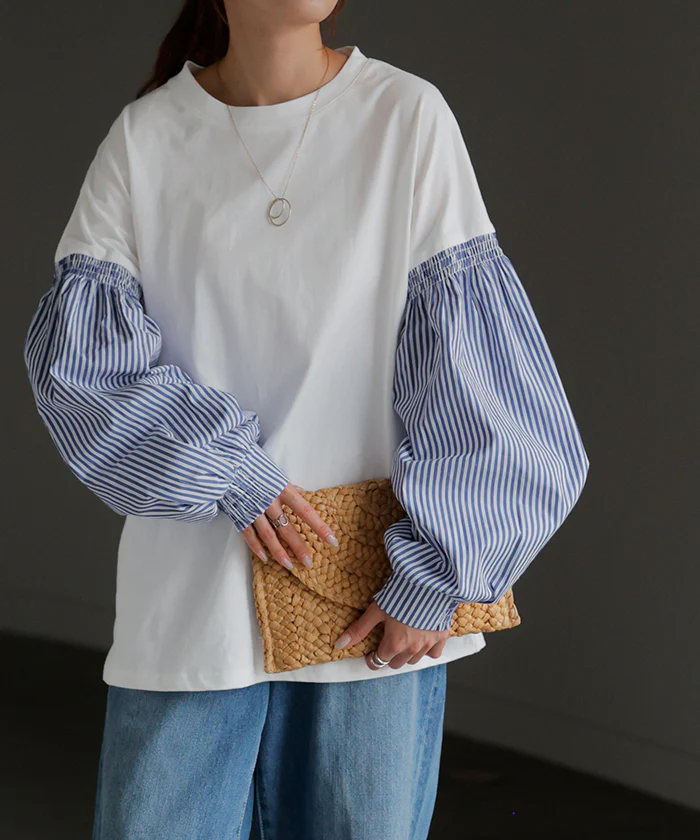 袖 ぽわん「ありそうでなかった」 カットソー ブラウス 重ね着 レイヤード ストライプ 配色 ロング Tシャツ ロンT パフスリーブ バルーンスリーブトップス レディース 体型カバー ボリューム 白 黒 シャツ 大きいサイズ 春 夏 HUG.U - Image 37