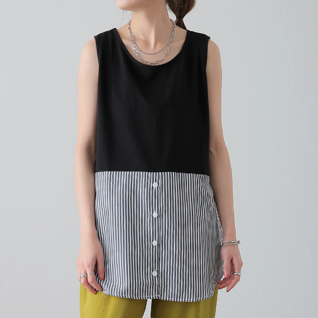 痩せました！？ お尻隠し レイヤード タンク シャツ ■一部7月中旬入荷 トップス ストライプ ストライプシャツ ブラウス タンクトップ 黒 白 つけ裾 付け裾 お尻が隠れる ロング レイヤードタンクトップ 体型カバー インナー 大きいサイズ レディース 春 夏 HUG.U メール便 - Image 27