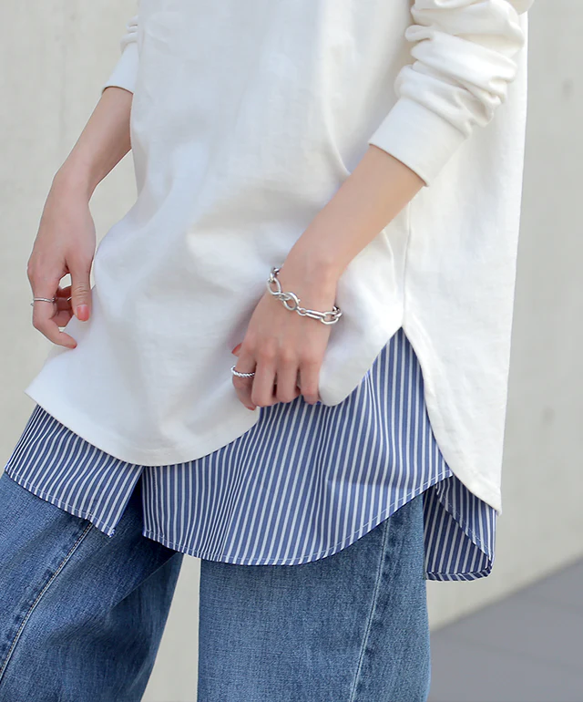 痩せました！？ お尻隠し レイヤード タンク シャツ ■一部7月中旬入荷 トップス ストライプ ストライプシャツ ブラウス タンクトップ 黒 白 つけ裾 付け裾 お尻が隠れる ロング レイヤードタンクトップ 体型カバー インナー 大きいサイズ レディース 春 夏 HUG.U メール便 - Image 5