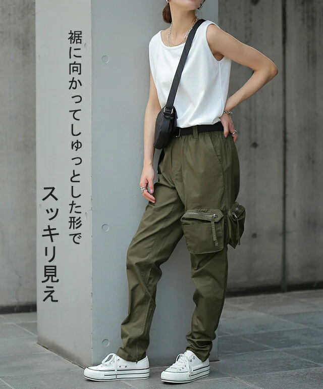 【夏セール】 女性に似合う「軍パン」 パンツ レディース ズボン ボトムス チノ チノパン 体型カバー ジップ ポケット スキニー スキニーパンツ テーパード テーパードパンツ ミリタリー ARMY V系 ロング 黒 カーキ 綿 コットン 100 大きいサイズ 春 夏 HUG.U - Image 9