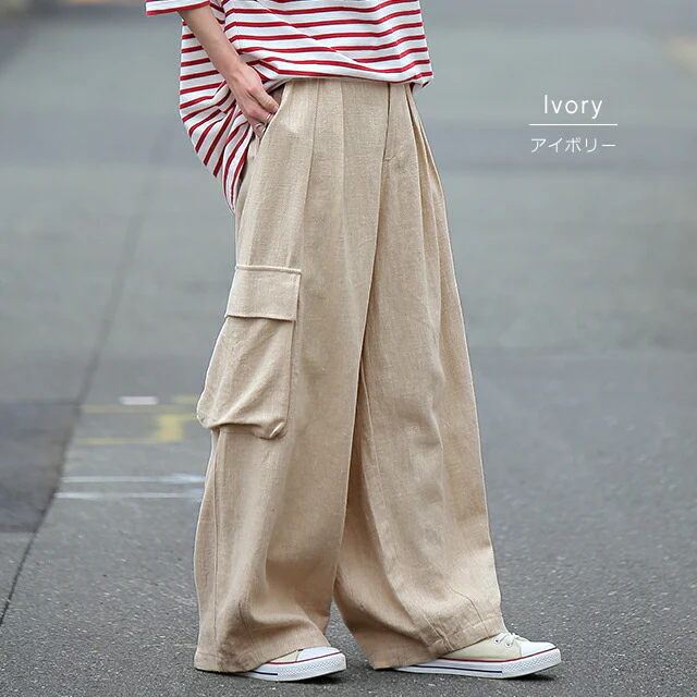 【夏セール】 パンツ「リネンタッチ」 カーゴパンツ リネン 麻 ワイドパンツ サーカスパンツ タックパンツ ナチュラル ゆったり ワイドパンツ レディース リネンパンツ ワイド ボトムス ロング ズボン 体型カバー 大きいサイズ ゴム 白 ベージュ 春 夏 HUG.U - Image 4