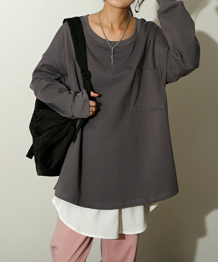 イケメンT「ゆるっと 女性らしい」 ロンT レディース カットソー ポケット 長袖 Tシャツ ロング チュニック レイヤード 大きいサイズ ゆったり トップス 体型カバー オーバー お尻が隠れる 厚手 ヘビーオンス バスク 黒 白 春 夏 HUG.U メール便 - Image 19
