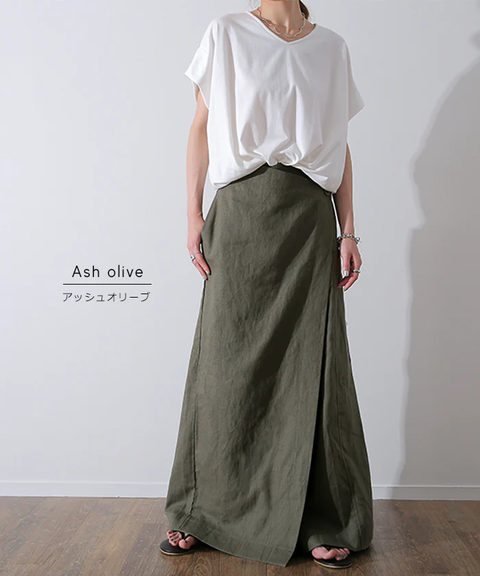 パンツ 巻き ロング アシメ レディース ボトムス ■一部7月下旬入荷 ボトム ウエストゴム ワイド 無地 長い リネン ナチュラル ハイウエスト ワイドパンツ ラップ ラップパンツ ズボン 巻きパンツ キュロット ポケット麻 風 綿 変形 きれいめ 黒 ベージュ 春 夏 HUG.U - Image 14
