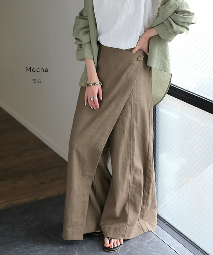 パンツ 巻き ロング アシメ レディース ボトムス ■一部7月下旬入荷 ボトム ウエストゴム ワイド 無地 長い リネン ナチュラル ハイウエスト ワイドパンツ ラップ ラップパンツ ズボン 巻きパンツ キュロット ポケット麻 風 綿 変形 きれいめ 黒 ベージュ 春 夏 HUG.U - Image 17
