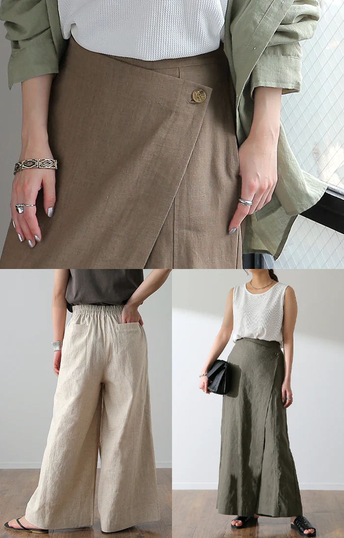 パンツ 巻き ロング アシメ レディース ボトムス ■一部7月下旬入荷 ボトム ウエストゴム ワイド 無地 長い リネン ナチュラル ハイウエスト ワイドパンツ ラップ ラップパンツ ズボン 巻きパンツ キュロット ポケット麻 風 綿 変形 きれいめ 黒 ベージュ 春 夏 HUG.U - Image 19