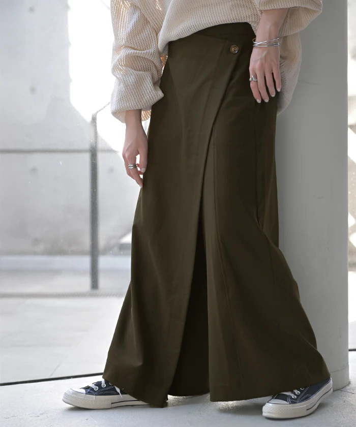 パンツ 巻き ロング アシメ レディース ボトムス ■一部7月下旬入荷 ボトム ウエストゴム ワイド 無地 長い リネン ナチュラル ハイウエスト ワイドパンツ ラップ ラップパンツ ズボン 巻きパンツ キュロット ポケット麻 風 綿 変形 きれいめ 黒 ベージュ 春 夏 HUG.U - Image 44