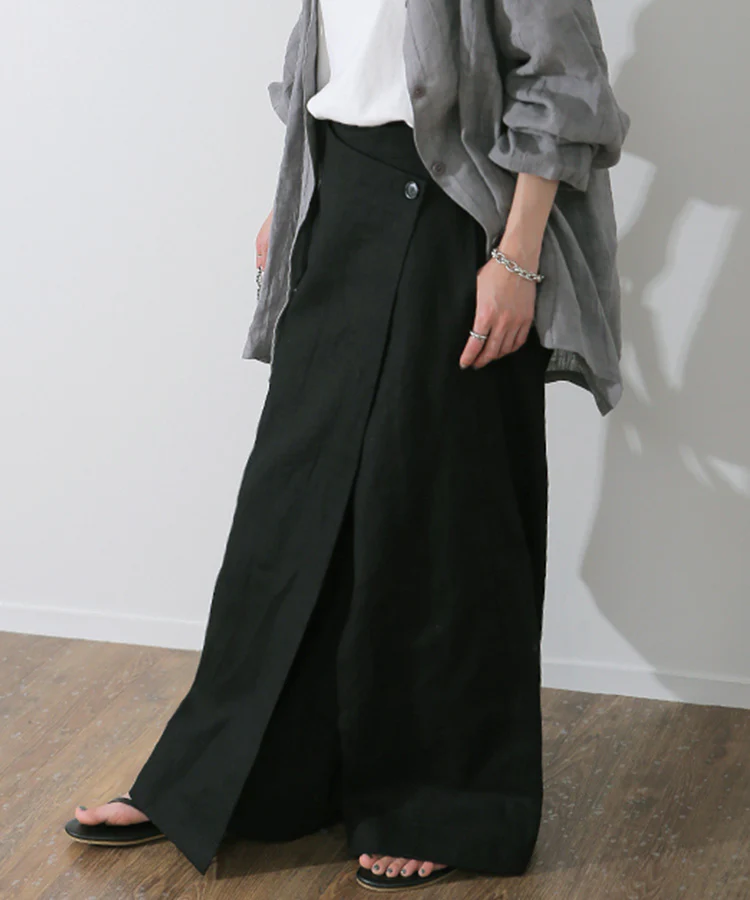 パンツ 巻き ロング アシメ レディース ボトムス ■一部7月下旬入荷 ボトム ウエストゴム ワイド 無地 長い リネン ナチュラル ハイウエスト ワイドパンツ ラップ ラップパンツ ズボン 巻きパンツ キュロット ポケット麻 風 綿 変形 きれいめ 黒 ベージュ 春 夏 HUG.U - Image 46