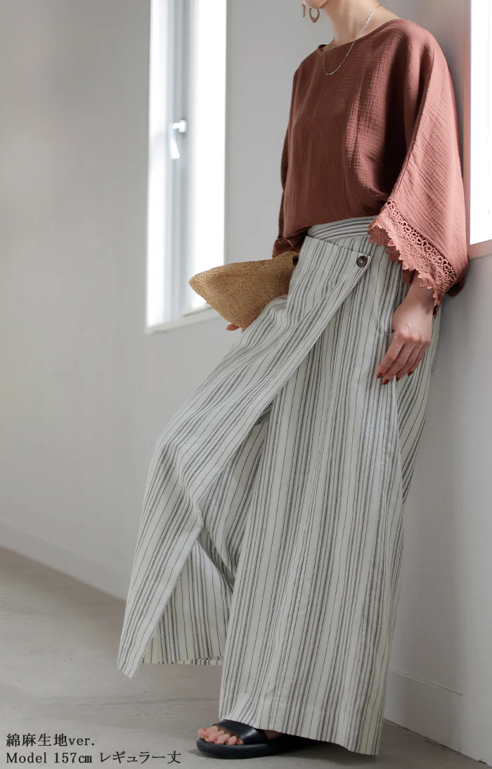 パンツ 巻き ロング アシメ レディース ボトムス ■一部7月下旬入荷 ボトム ウエストゴム ワイド 無地 長い リネン ナチュラル ハイウエスト ワイドパンツ ラップ ラップパンツ ズボン 巻きパンツ キュロット ポケット麻 風 綿 変形 きれいめ 黒 ベージュ 春 夏 HUG.U - Image 9