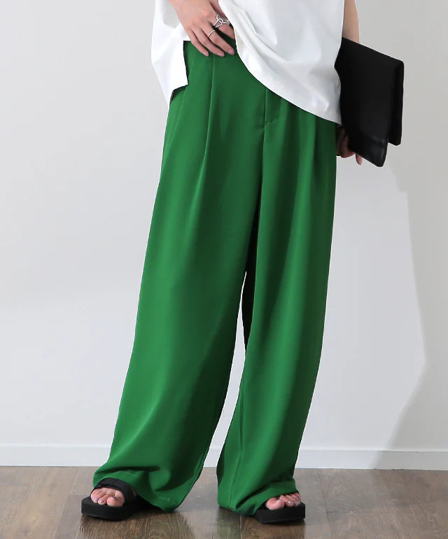 パンツ 「噂の カラーパンツ レディース ワイドパンツ ワイド ロング 大きいサイズ ボトム 体型カバー ボトムス ストレート ズボン ハイウエスト タック タックパンツ 春 夏 グリーン ピンク ブルー 黒 きれいめ オフィス HUG.U メール便 - Image 5