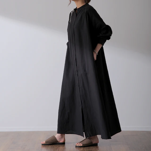 【夏セール】 「天然質感」大人 リネン ワンピ ギャザー ワンピース レディース ロングワンピース ロングワンピ マキシ ロング シャツ ロングシャツ シャツワンピース バンドカラー 羽織 コットン ノーカラー 体型カバー 黒 大きいサイズ 綿 麻 春 夏 HUG.U - Image 26