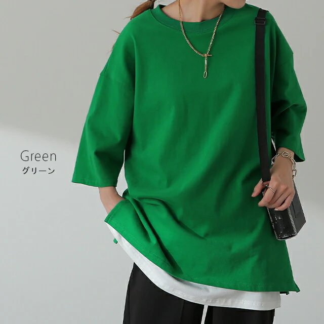 「ガシッとスムース」綿100% Tシャツ レディース インナー ティーシャツ チュニック ボックス プラスサイズ 半袖 大きいサイズ 長め ゆったり ロング お尻が隠れる グリーン バスク 黒 白 春 夏 HUG.U メール便 - Image 17