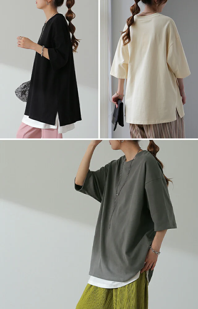 「ガシッとスムース」綿100% Tシャツ レディース インナー ティーシャツ チュニック ボックス プラスサイズ 半袖 大きいサイズ 長め ゆったり ロング お尻が隠れる グリーン バスク 黒 白 春 夏 HUG.U メール便 - Image 24