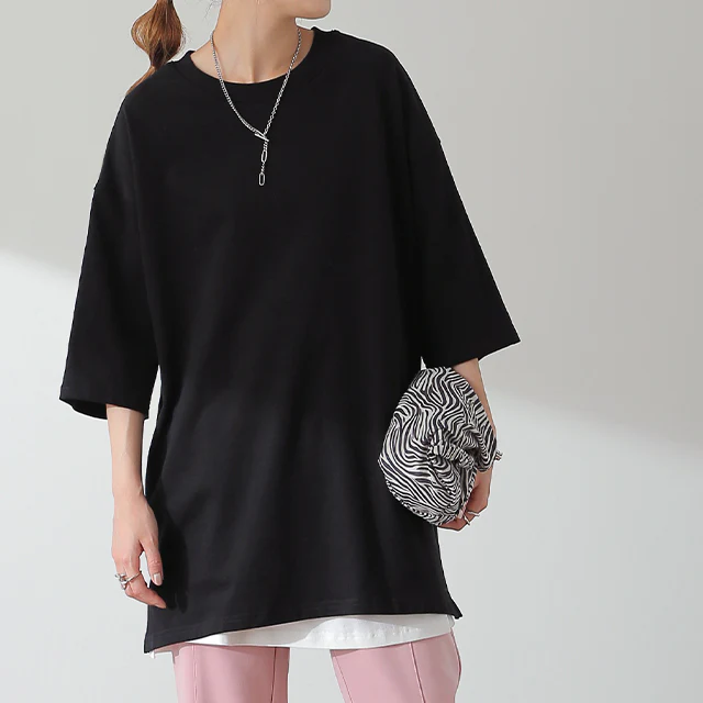「ガシッとスムース」綿100% Tシャツ レディース インナー ティーシャツ チュニック ボックス プラスサイズ 半袖 大きいサイズ 長め ゆったり ロング お尻が隠れる グリーン バスク 黒 白 春 夏 HUG.U メール便 - Image 27