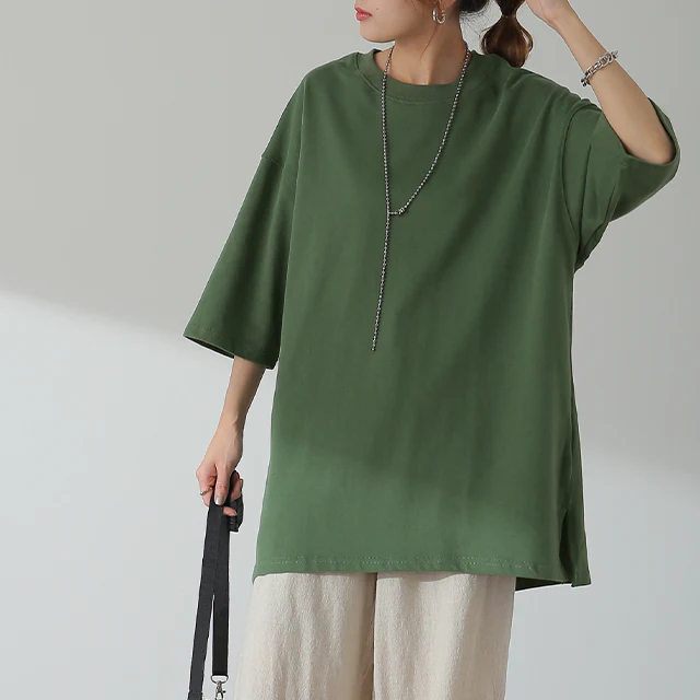 「ガシッとスムース」綿100% Tシャツ レディース インナー ティーシャツ チュニック ボックス プラスサイズ 半袖 大きいサイズ 長め ゆったり ロング お尻が隠れる グリーン バスク 黒 白 春 夏 HUG.U メール便 - Image 31