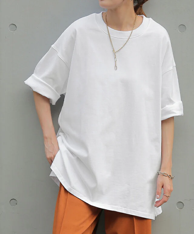 「ガシッとスムース」綿100% Tシャツ レディース インナー ティーシャツ チュニック ボックス プラスサイズ 半袖 大きいサイズ 長め ゆったり ロング お尻が隠れる グリーン バスク 黒 白 春 夏 HUG.U メール便 - Image 5