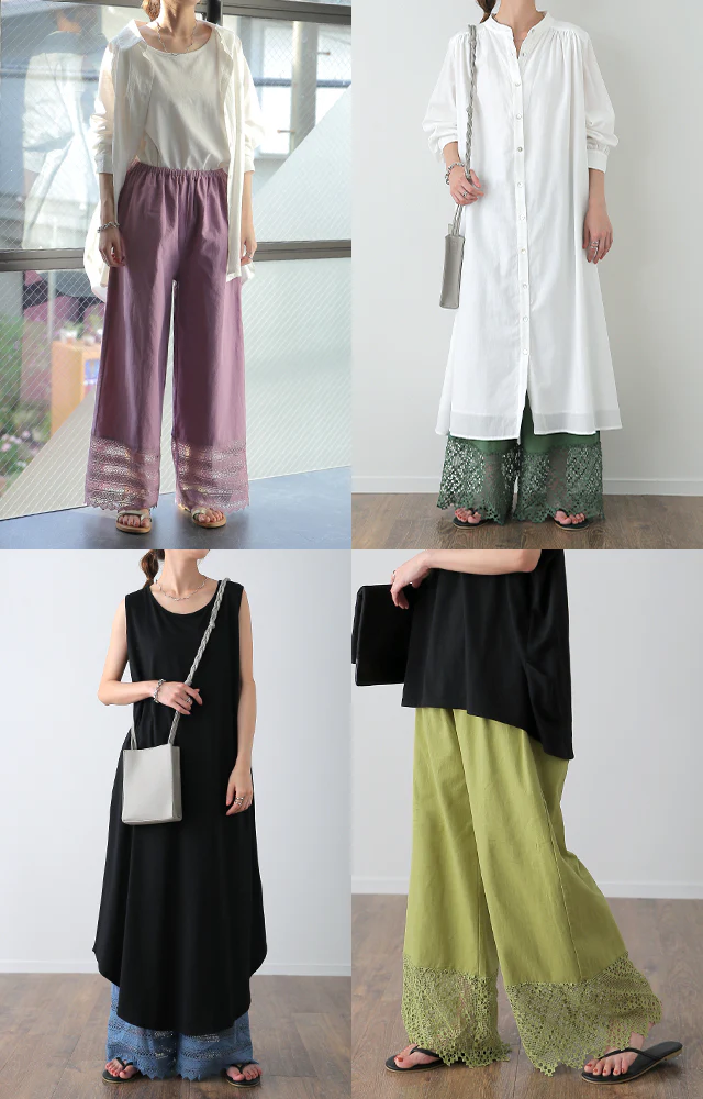 裾パンツ 「カラー 9色」 ペチパンツ パンツ ズボン ■一部7月中旬入荷 レディース カラーパンツ ペチコート ボトムス インナー レイヤード 重ね着 レース ロング 体型カバー ゴム ワイド グリーン 黒 大きいサイズ 春 夏 コットン ワイドパンツ HUG.U メール便 - Image 26