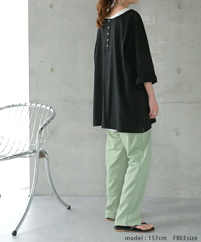 【夏セール】 「究極の”ゆる”シルエット」前後 2WAY カットソー カットソー Tシャツ ヘンリーネック 大きいサイズ 無地 レイヤード ティーシャツ オーバーサイズ ビッグ プラスサイズ プルオーバー 半袖 黒 春 夏 HUG.U メール便 - Image 14