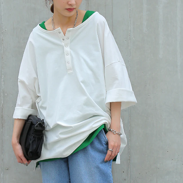 【夏セール】 「究極の”ゆる”シルエット」前後 2WAY カットソー カットソー Tシャツ ヘンリーネック 大きいサイズ 無地 レイヤード ティーシャツ オーバーサイズ ビッグ プラスサイズ プルオーバー 半袖 黒 春 夏 HUG.U メール便 - Image 22
