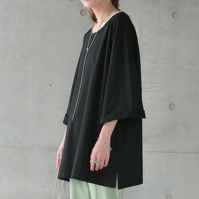 【夏セール】 「究極の”ゆる”シルエット」前後 2WAY カットソー カットソー Tシャツ ヘンリーネック 大きいサイズ 無地 レイヤード ティーシャツ オーバーサイズ ビッグ プラスサイズ プルオーバー 半袖 黒 春 夏 HUG.U メール便 - Image 24