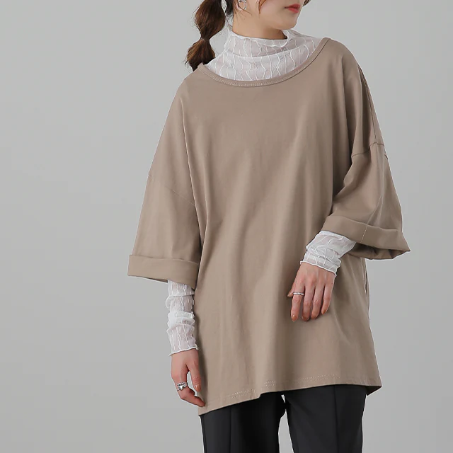 【夏セール】 「究極の”ゆる”シルエット」前後 2WAY カットソー カットソー Tシャツ ヘンリーネック 大きいサイズ 無地 レイヤード ティーシャツ オーバーサイズ ビッグ プラスサイズ プルオーバー 半袖 黒 春 夏 HUG.U メール便 - Image 26