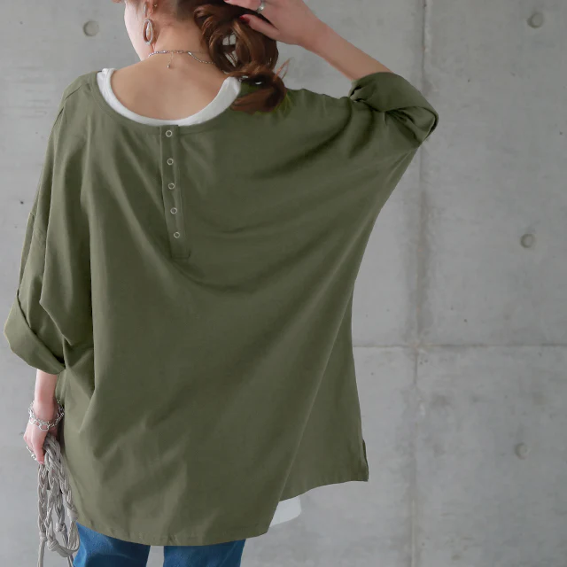 【夏セール】 「究極の”ゆる”シルエット」前後 2WAY カットソー カットソー Tシャツ ヘンリーネック 大きいサイズ 無地 レイヤード ティーシャツ オーバーサイズ ビッグ プラスサイズ プルオーバー 半袖 黒 春 夏 HUG.U メール便 - Image 28
