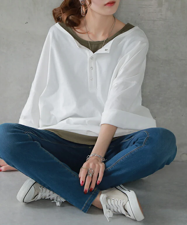 【夏セール】 「究極の”ゆる”シルエット」前後 2WAY カットソー カットソー Tシャツ ヘンリーネック 大きいサイズ 無地 レイヤード ティーシャツ オーバーサイズ ビッグ プラスサイズ プルオーバー 半袖 黒 春 夏 HUG.U メール便 - Image 3