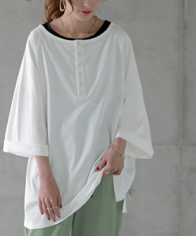 【夏セール】 「究極の”ゆる”シルエット」前後 2WAY カットソー カットソー Tシャツ ヘンリーネック 大きいサイズ 無地 レイヤード ティーシャツ オーバーサイズ ビッグ プラスサイズ プルオーバー 半袖 黒 春 夏 HUG.U メール便 - Image 30