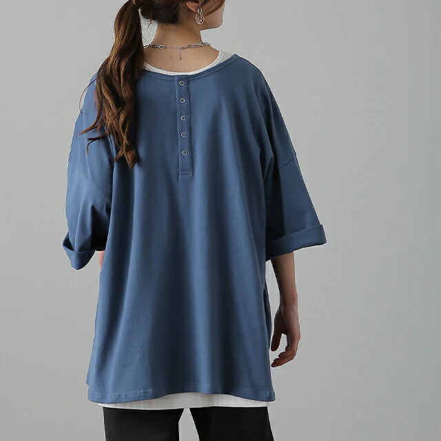 【夏セール】 「究極の”ゆる”シルエット」前後 2WAY カットソー カットソー Tシャツ ヘンリーネック 大きいサイズ 無地 レイヤード ティーシャツ オーバーサイズ ビッグ プラスサイズ プルオーバー 半袖 黒 春 夏 HUG.U メール便 - Image 32