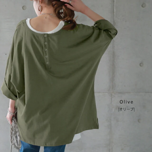 【夏セール】 「究極の”ゆる”シルエット」前後 2WAY カットソー カットソー Tシャツ ヘンリーネック 大きいサイズ 無地 レイヤード ティーシャツ オーバーサイズ ビッグ プラスサイズ プルオーバー 半袖 黒 春 夏 HUG.U メール便 - Image 7