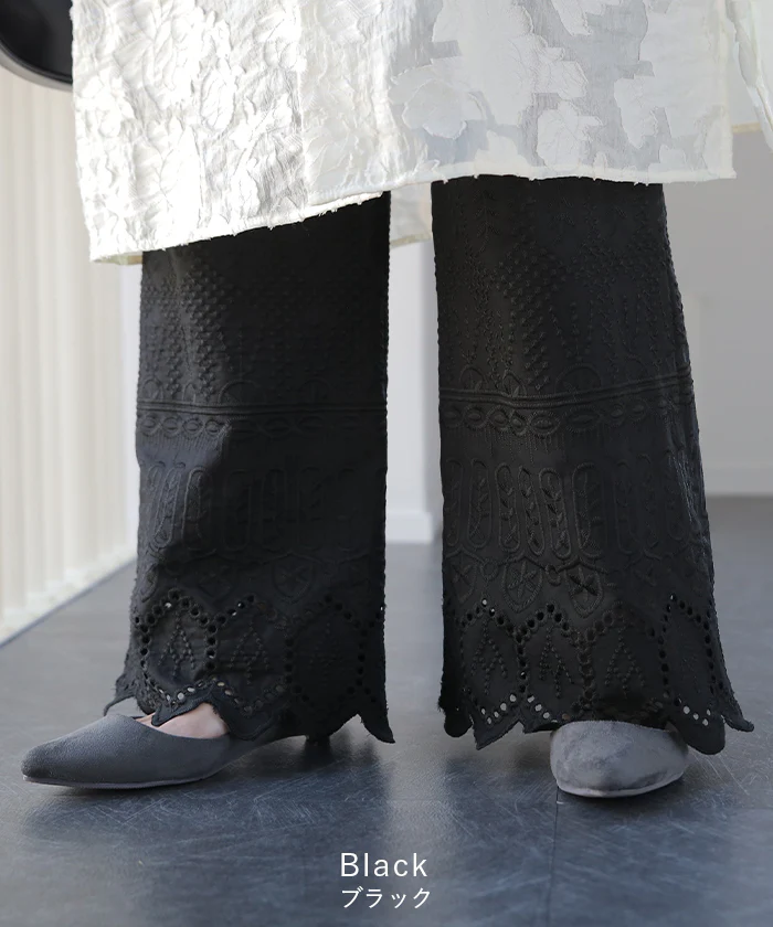 チュニックに合わせる「セミフレア」 ペチパンツ パンツ 綿 100% ペチコート ボトムス レイヤード セミフレアパンツ レース ズボン ロング 体型カバー ゴム ワイド 刺? 黒 緑 大きいサイズ 春 夏 ワイドパンツ HUG.U メール便 - Image 15