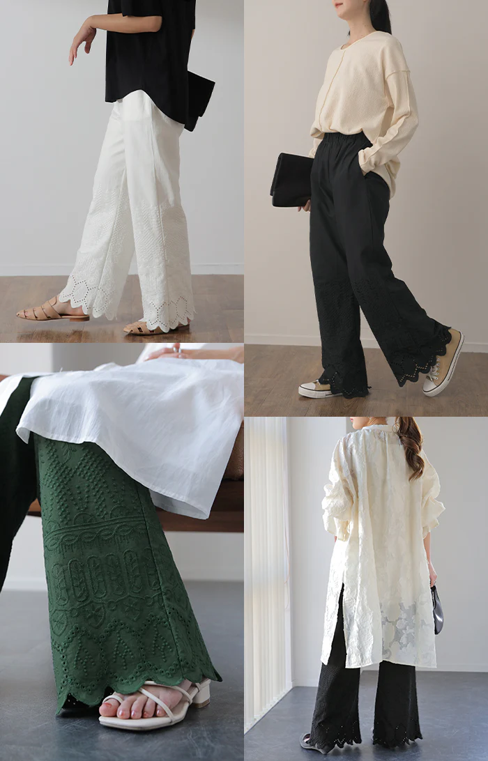 チュニックに合わせる「セミフレア」 ペチパンツ パンツ 綿 100% ペチコート ボトムス レイヤード セミフレアパンツ レース ズボン ロング 体型カバー ゴム ワイド 刺? 黒 緑 大きいサイズ 春 夏 ワイドパンツ HUG.U メール便 - Image 18