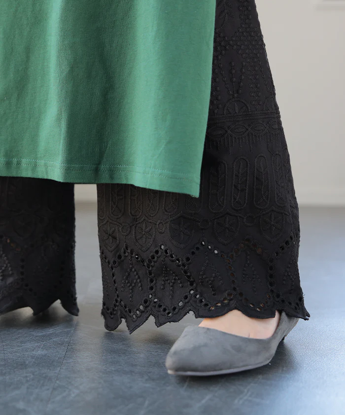 チュニックに合わせる「セミフレア」 ペチパンツ パンツ 綿 100% ペチコート ボトムス レイヤード セミフレアパンツ レース ズボン ロング 体型カバー ゴム ワイド 刺? 黒 緑 大きいサイズ 春 夏 ワイドパンツ HUG.U メール便 - Image 22