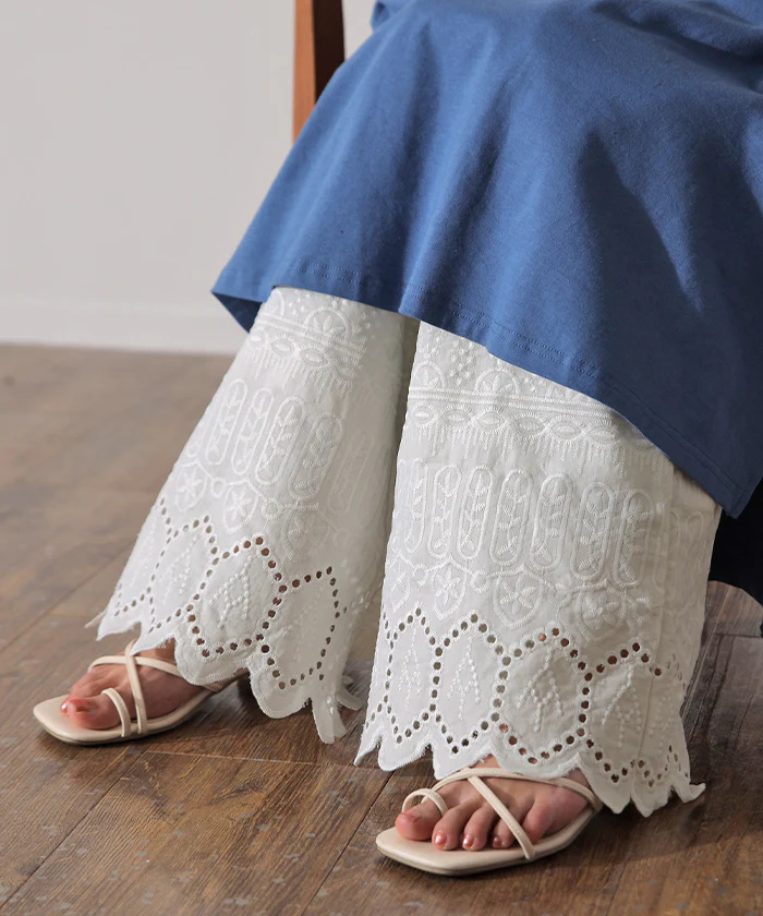 チュニックに合わせる「セミフレア」 ペチパンツ パンツ 綿 100% ペチコート ボトムス レイヤード セミフレアパンツ レース ズボン ロング 体型カバー ゴム ワイド 刺? 黒 緑 大きいサイズ 春 夏 ワイドパンツ HUG.U メール便 - Image 28