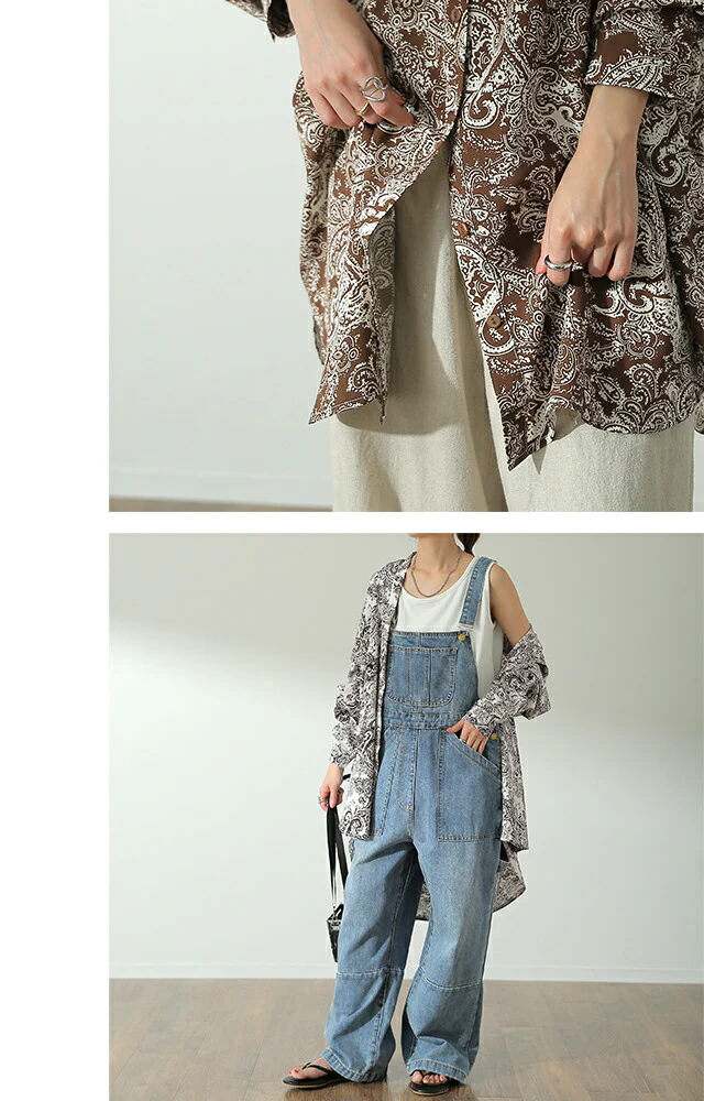 シャツ 「とろみ感。」 ペイズリー柄 レディース スリット トップス ロング ロングシャツ ブラウス チュニック バンドカラー ノーカラー 体型カバー レイヤード オーバーサイズ 総柄 ペイズリー 柄 長袖 羽織 大きいサイズ 黒 白 春 夏 HUG.U メール便 - Image 14